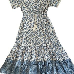 Casual Women's Blue Floral Cotton Kaftan with Tassel Waist